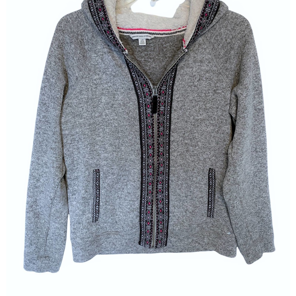American Eagle Women's Large Fair Isle Jacket ~ Gray Full Zip Hooded Sherpa